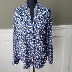 Ann Taylor Navy Blue and White Floral Button-Up Blouse